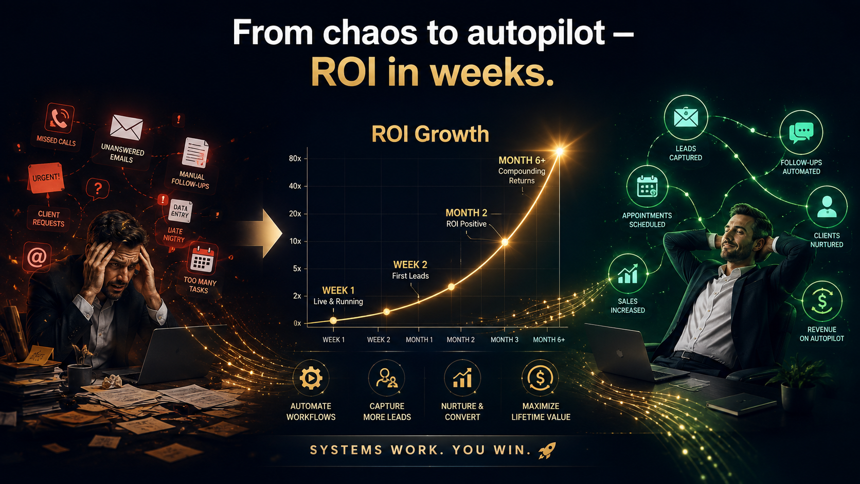 GoHuman AI — Automation compound ROI growth from Week 1 to Month 6+